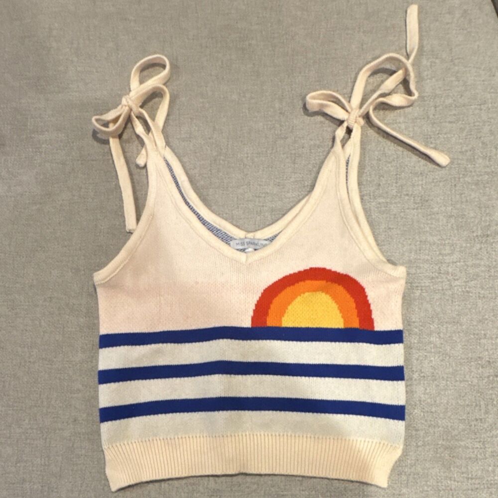 Miss Sparkling Striped Knit Cropped Tank with Tie Straps S Sunset